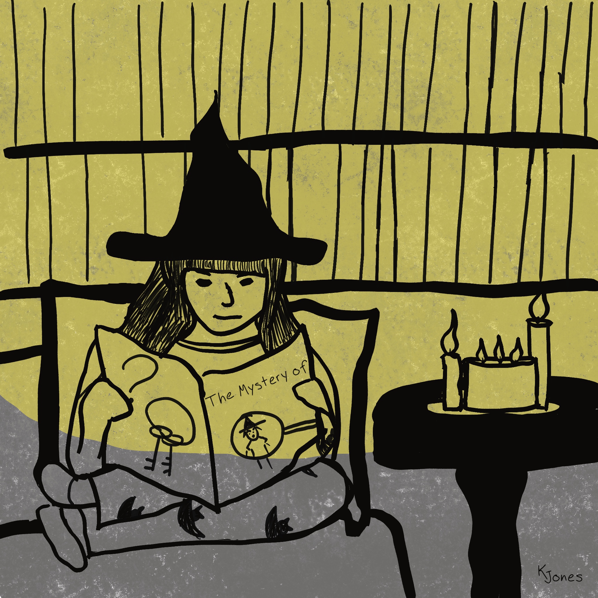 Cartoon drawing with bold black lines of a young witch with long dark hair, wearing a witch hat and pajamas with bats on them. She's curled up on a couch in a home library, reading a comic. She stares intently at the page, eyebrows furrowed. Three candles burn on the table next to her, adding a yellow glow. The comic's cover shows a witch through a magnifying glass on the front, with text reading: The Mystery of. The back shows a question mark and a key ring with two skeleton keys.