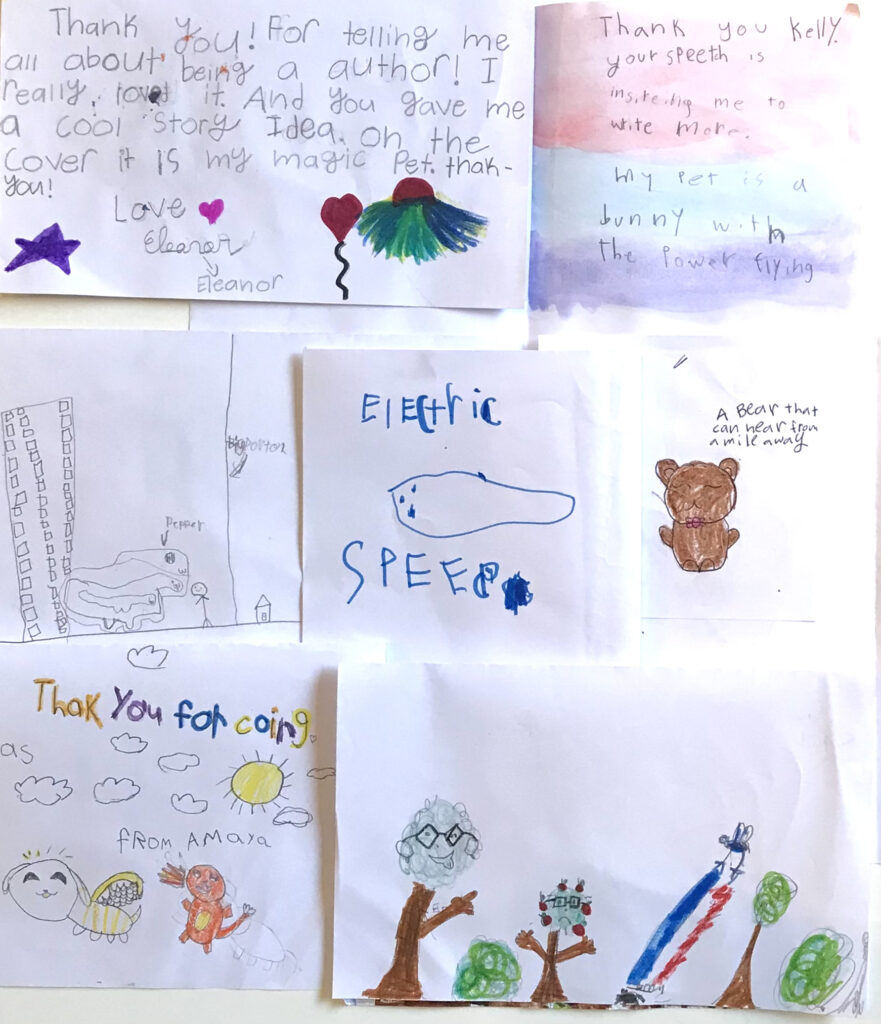 kid thank you notes and pictures after a school visit by Kelly Jones