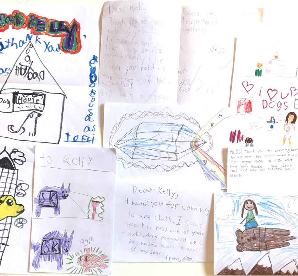 kid thank you notes and pictures after a school visit by Kelly Jones