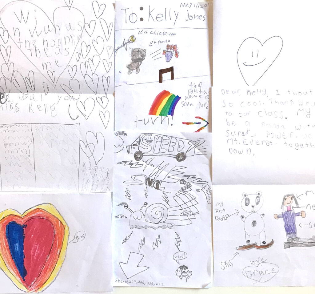 kid thank you notes and pictures after a school visit by Kelly Jones